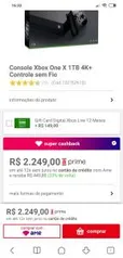 [R$1799 com AME] Console Xbox One X 1TB 4K+ Controle sem Fio R$2.249