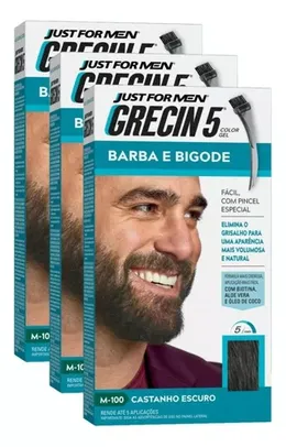 Kit 3 Tintura Grecin5 Gel Barba E Bigode 28g Castanho Escuro