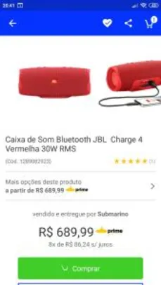 [R$590 com Ame] Caixa de Som Bluetooth JBL Charge 4 Vermelha 30W RMS - R$689