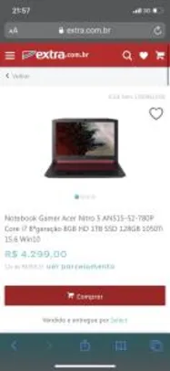Notebook Gamer Acer Nitro 5 AN515-52-780P Core i7 8ªgeração 8GB HD 1TB SSD 128GB 1050Ti 15.6 W10 | R$4.299