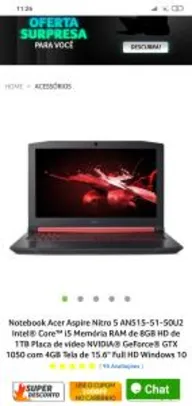 Notebook Acer Aspire Nitro 5 AN515-51-50U2 Intel® Core™ i5 R$3211