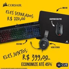 Bundle Corsair 4 em 1: Headset HS50 + Teclado K55 RGB + Mouse Harpoon RGB Pro + Mousepad MM100 R$400