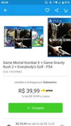 [APP SUBMARINO] Mortal Kombat X + Gravity Rush + Everybody's Golf - Ps4 | R$40