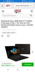 Notebook Asus, AMD Ryzen™ 5 2500U 2°Geração, 8 GB, 1 TB, Tela de 15,6", NVIDIA GTX1050, Preto e Azul - F570ZD-DM387T