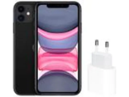 iPhone 11 Apple 64GB Preto 6,1” 12MP - iOS + Carregador USB-C de 20W Apple Branco