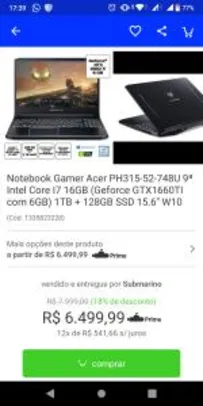 [AME R$6499] Notebook Gamer Acer PH315-52-748U 9ª Intel Core I7 16GB | R$6860
