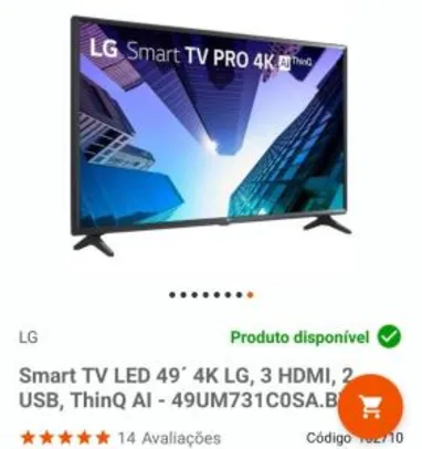 Smart TV LED 49'' 4K LG, 120hz, ThinQ AI - 49UM731C0SA.BWZ | R$2.369