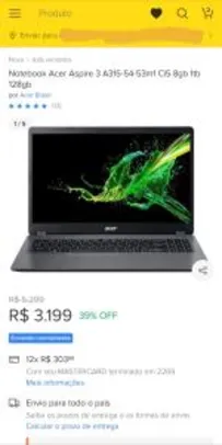 Notebook Acer Aspire 3 A315-54-53M1 Intel Core I5 8GB 1TB HD 128GB SSD 15,6' Endless OS | R$3.199