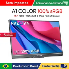 [No Brasil/Moedas] Monitor Portátil ARZOPA A1 Color 16.1 - IPS Full HD, 100% sRGB, Design Slim, USB C ou HDMI