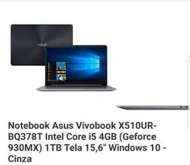 [CARTÃO AMERICANAS + AME= R$2.439] ASUS Vivobook 510ur i5 Full HD IPS - R$2.709