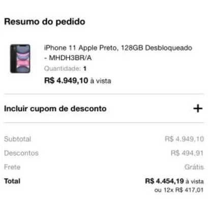 iPhone 11 Apple Preto, 128GB Desbloqueado - MHDH3BR/A R$4454