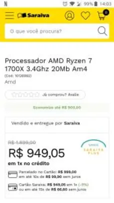 PROCESSADOR AMD RYZEN 7 1700X 3.4GHZ (3.8GHZ TURBO), 8-CORE 16-THREAD por R$ 949