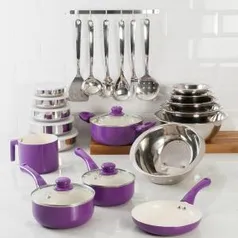 Conjunto Panela de Revestimento Cerâmico Colors 5 Peças Roxa + Potes 5 Peças + Tigelas 5 Peças + Conjunto Utensílios Inox 7 Peças + Escorredor de Arroz - La Cuisine - R$221