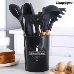 Kit Jogo C/12 Peças Utensílios De Cozinha Colheres Espatula Silicone Cabo Madeira Decoração [VARIAS CORES]