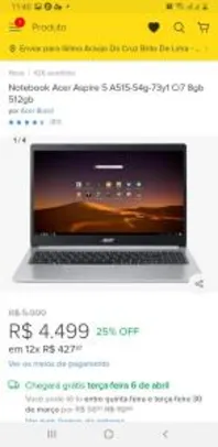 Notebook Acer Aspire 5 A515-54G-73Y1 Intel Core I7 8GB 512GB SSD MX250 15,6` Endless Os | R$4.499