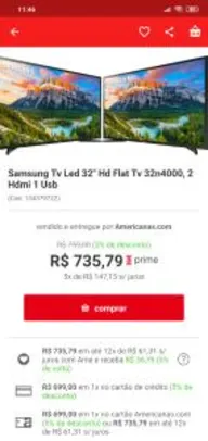 Samsung Tv Led 32" Hd Flat Tv 32n4000, 2 Hdmi 1 Usb | R$699