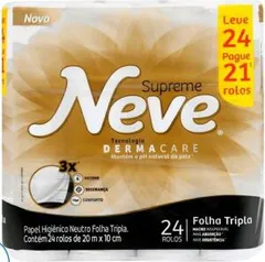 Papel higiênico folha tripla Neve Supreme 24 rolos - 20cm | R$24