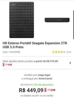 [Mastercard] HD externo Seagate 2TB - R$399