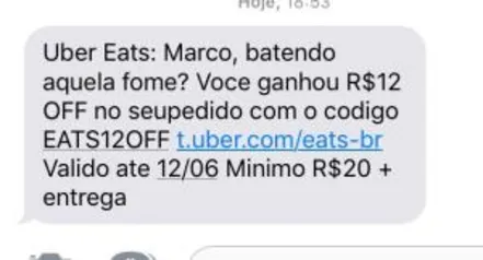 R$12 Off em pedidos com valor mínimo de R$20 no UberEats