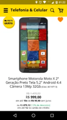 Smartphone Motorola Moto X 2ª Geração Preto Tela 5.2 por R$ 879