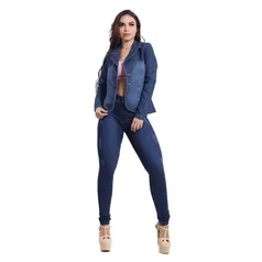 Kit 1 Blazer Jeans Ccom Licra + 1 Calça Skinny Feminina Jeans Com Licra 3 Puido