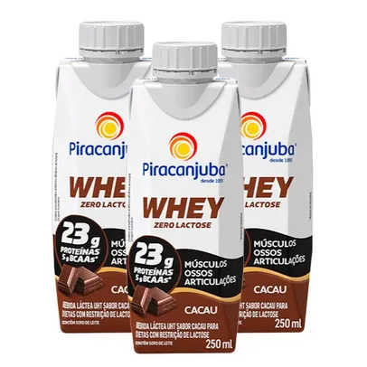Bebida Láctea Piracanjuba Whey Zero Lactose Cacau 250ml - Kit 3 unidades (Val 27-03)