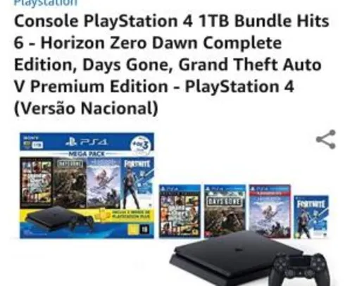 Console PlayStation 4 1TB Bundle Hits 6 - Horizon Zero Dawn Complete Edition, Days Gone, Grand Theft Auto V Premium Edition - R$1699