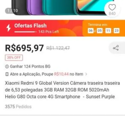 Smartphone Xiaomi Redmi 9 32GB+3GB RAM (Sem NFC) - R$696