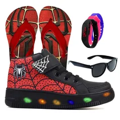 Tenis Infantil De Led Meninos Aranha Botinha Masculino Luzinha + Chinelo Oculos Relogio