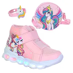 Kit Unicornio Infantil Menina Tenis Com Luz Led Luzinha Power e Bolsa de Criança