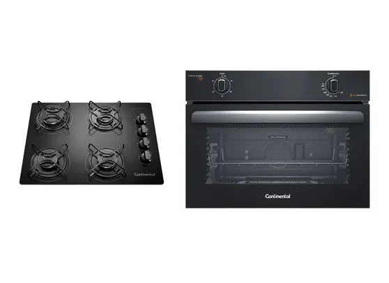 Kit Cooktop 4 Bocas Continental a Gás de Vidro  Temperado Preto + Forno de Embutir a Gás Continental 50L