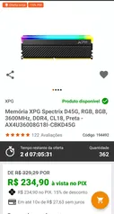 Memória XPG Spectrix D45G, RGB, 8GB, 3600MHz, DDR4, CL18