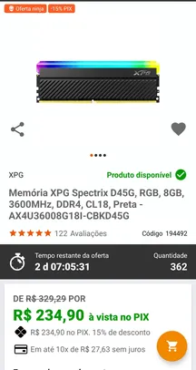 Memória XPG Spectrix D45G, RGB, 8GB, 3600MHz, DDR4, CL18