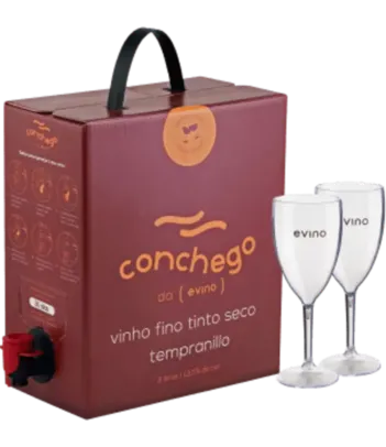 Kit vinho Conchego Tempranillo Bag in Box 3L 2022 + 2 Taças Exclusivas