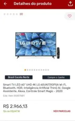 Smart TV LED 60" UHD 4K LG 60UN7310PSA Wi-Fi, Bluetooth, HDR, IA, Google Assistente, Alexa, Controle Smart Magic R$3299