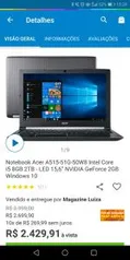 Notebook Acer A515-51G-50W8 Intel Core i5 8GB 2TB - LED 15,6” NVIDIA GeForce 2GB Windows 10 por R$ 2430