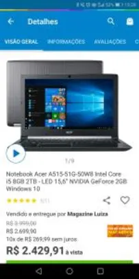 Notebook Acer A515-51G-50W8 Intel Core i5 8GB 2TB - LED 15,6” NVIDIA GeForce 2GB Windows 10 por R$ 2430