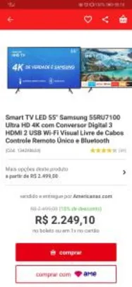 (APP - R$1709 AME + CC Americanas) Smart TV LED 55" Samsung 55RU7100 Ultra HD 4K com Conversor Digital 3 HDMI 2 USB Wi-Fi R$2249