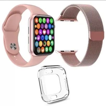 Kit 1 Relógio Inteligente SmartWatch W34 S Rosa + 1 Pulseira Aço Milanese Rosa + 1 Case Silicone | R$149