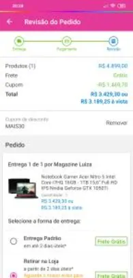 [APP] Notebook Gamer Acer Nitro 5 Intel Core i7HQ 16GB - 1TB 15,6” Full HD IPS Nvidia Geforce GTX 1050Ti R$3.189