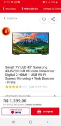 [R$1.260 AME] Smart TV LED 43" Samsung 43J5290 Full HD | R$1.329