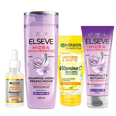 Garnier + Elseve Kit – Gel de Limpeza Facial + Sérum Facial + Creme Hidratação Noturna + Shampoo Preenchedor Kit