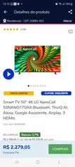 Smart TV 50" 4K LG NanoCell 50NANO77SRA Bluetooth, ThinQ Al, Alexa, Google Assistente, Airplay, 3 HD