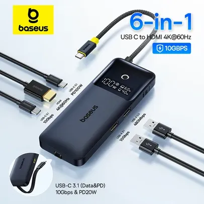 [Primeira Compra R$150,62] [Taxa Inclusa] Baseus Hub USB de carregamento rápido duplo para PC, HDMI, 4K, 60Hz, USB 3.1, 10Gbps, 100W, 20W