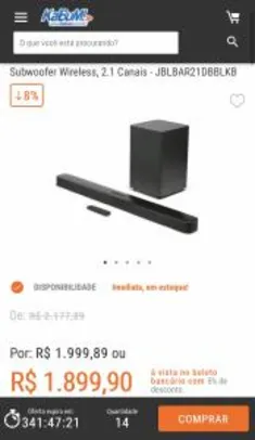 Soundbar JBL Bar 2.1 Deep Bass, Bluetooth, 300W, Subwoofer Wireless, 2.1 Canais | R$ 1.899