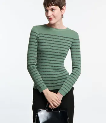 Blusa em Tricô com Listras e Fio Metalizado Verde