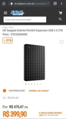 HD Seagate Externo Portátil Expansion USB 3.0 2TB Preto - R$400
