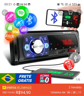 Som Automotivo MP3 Player Shutt Denver 2 USB Carrega Celular Bluetooth e Leitor SD Premium