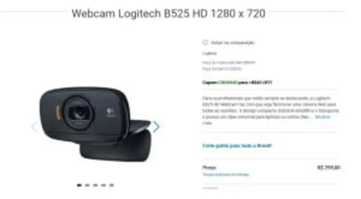 Webcam Logitech B525 HD 1280 x 720 R$254