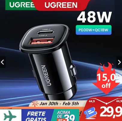 Carregador rápido UGREEN 30W 18W porta dupla para carro